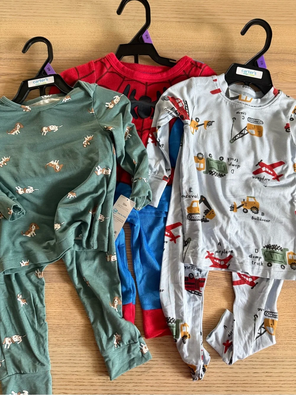 Carter's Pajama Lot - Green Puppy, Red Spider, Light Gray Vehicles